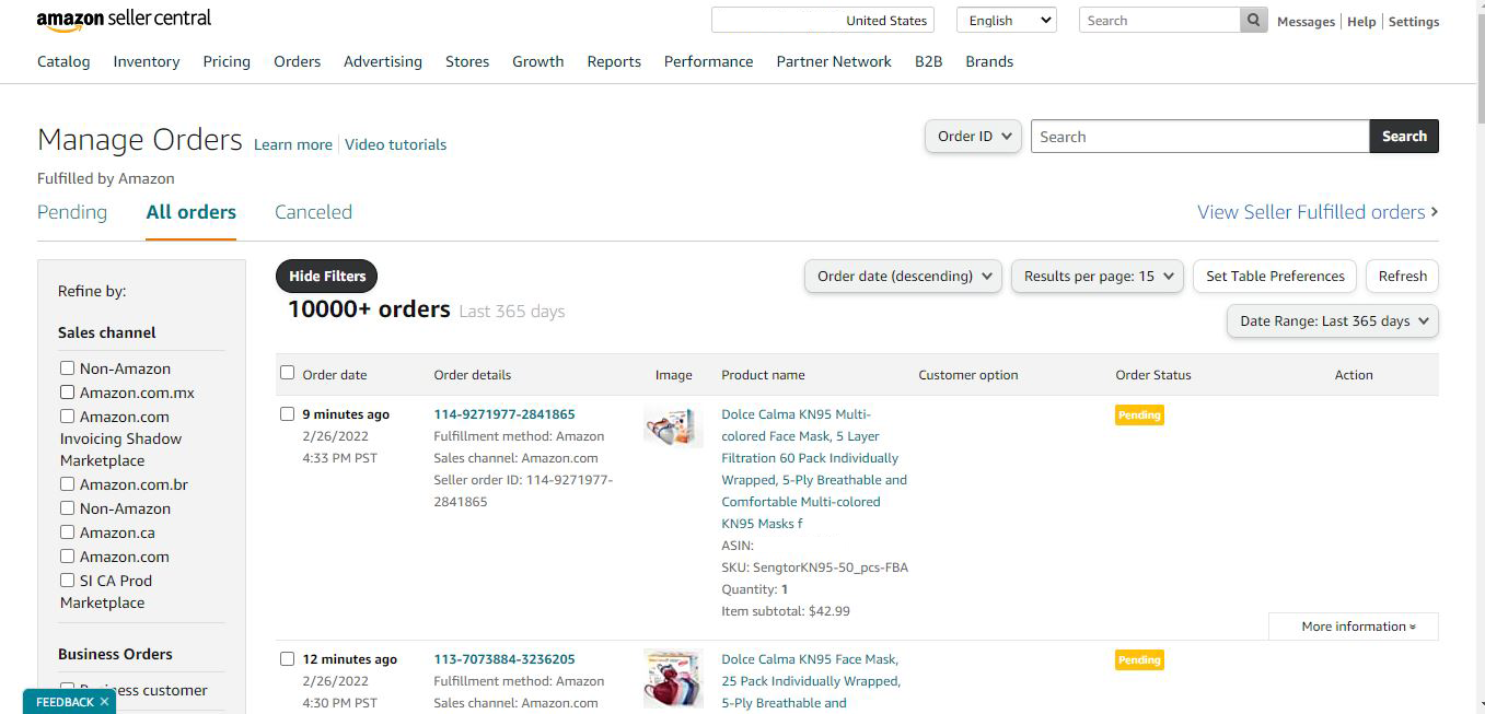 amazon seller central account page screenshot on romanza pk website (ecommerce services providing company)