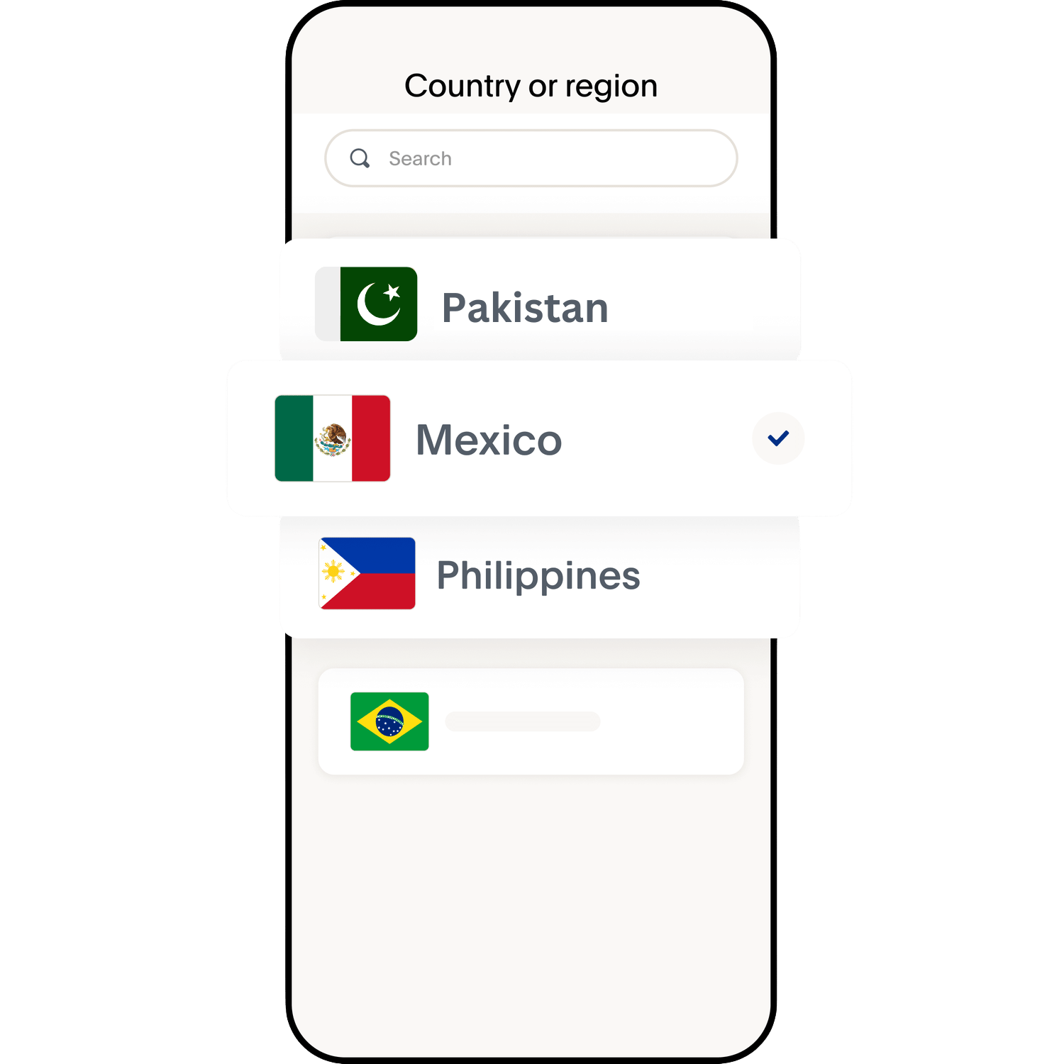 A picture of mobile shwoing country flags where payement gateways are available